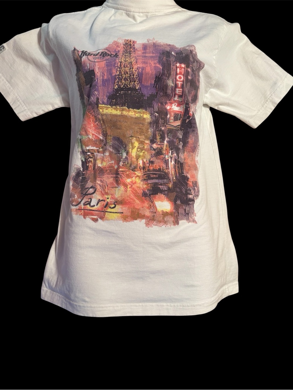 Hard Rock Cafe White Paris Graphic Tee with Multicolor Print size small